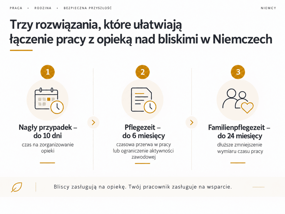 Trzy rozwiązania ułatwiające łączenie pracy z opieką w Niemczech: nagły przypadek, Pflegezeit i Familienpflegezeit.